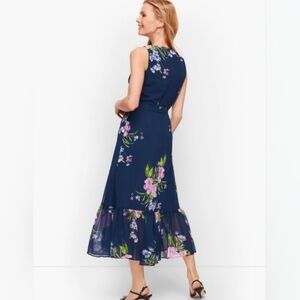 Talbots Georgette Painterly Sleeveless Navy Floral Wrap Dress Sz 10